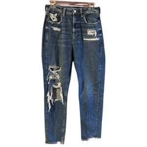 American Eagle blue high waist distressed cotton mom jeans Sz 6 Long